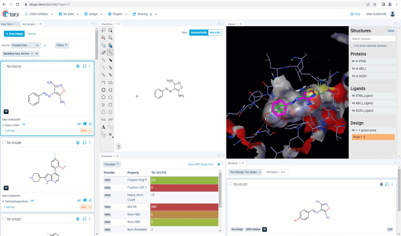 Figure 2. See relevant information highlighted in real time as you sketch new molecules in Torx Design