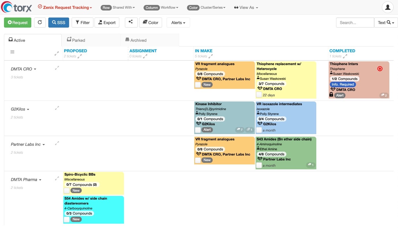 Figure 1: The request tracking board within Torx Make allows users to view and track the progress of all synthesis projects. Figure 1: The request tracking board within Torx Make allows users to view and track the progress of all synthesis projects.