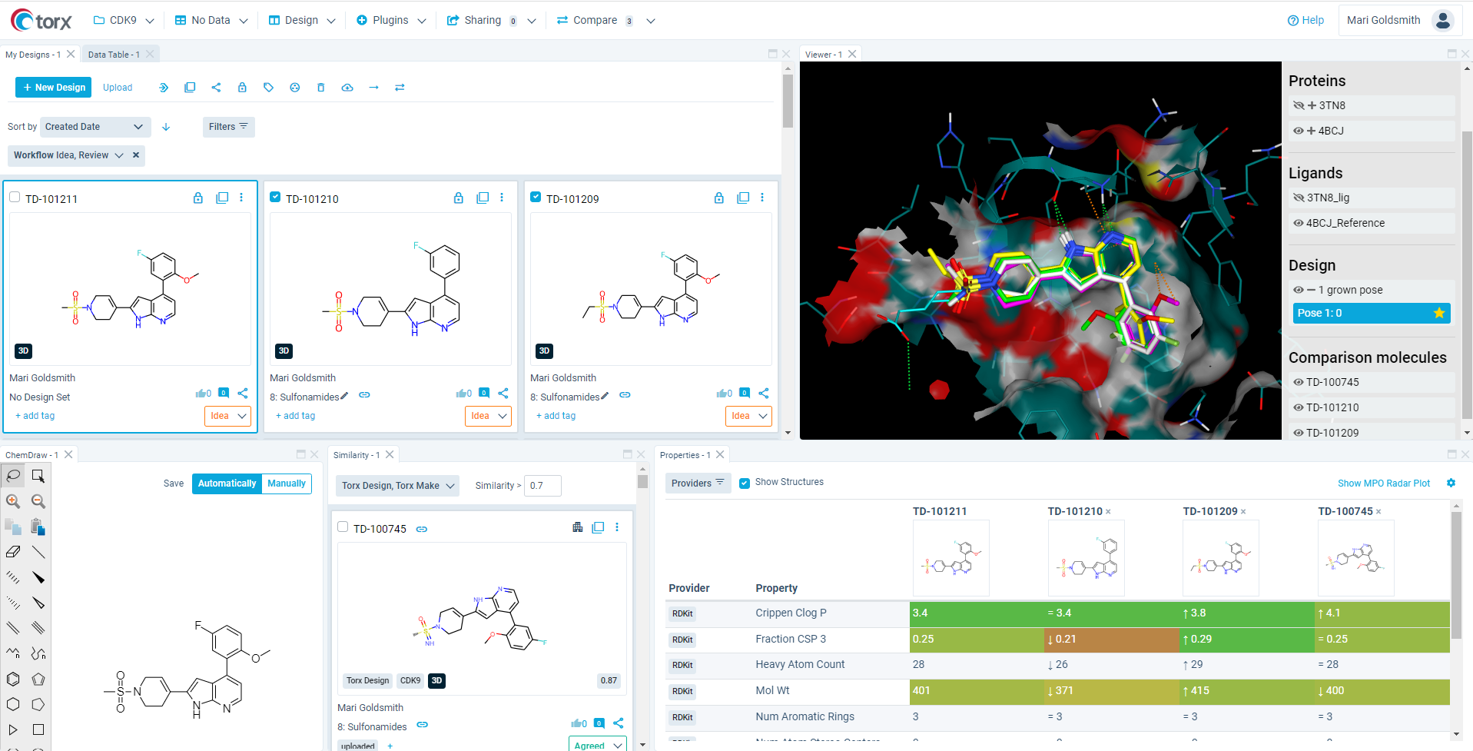Figure 1. Capture attention and get buy-in from your colleagues on new molecule designs using dynamic 3D visualization in Torx.