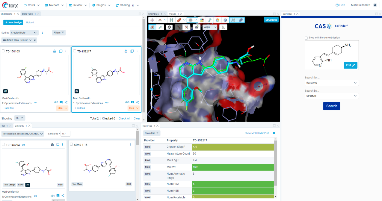 Medicinal chemists can access the full capabilities of CAS SciFinder-n via a dedicated plugin in the Torx Design GUI